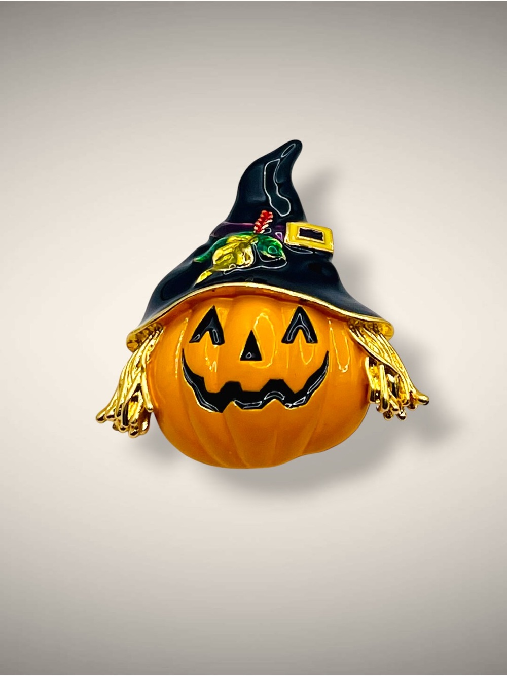 Vintage Halloween Enamel Jack-O'-Lantern Pumpkin Scarecrow Witch Brooch Pin - Picture 7 of 11